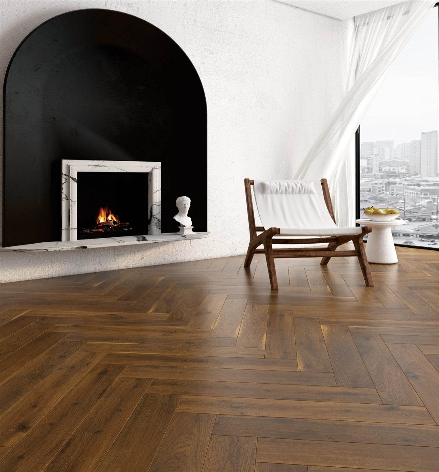 Flooring in greige, dark walnut, grey, patterned stone, and warm oak across modern interiors
