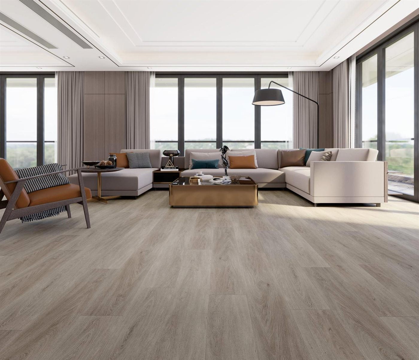 Flooring in greige, dark walnut, grey, patterned stone, and warm oak across modern interiors