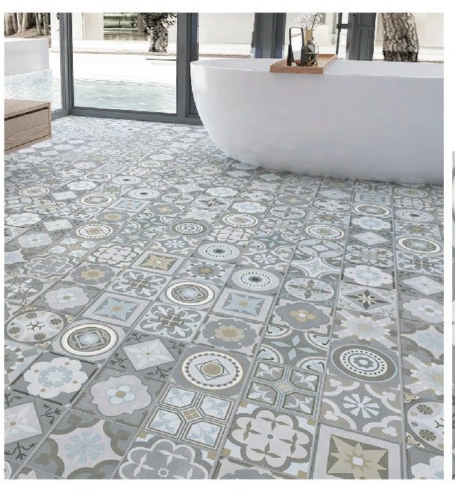 Flooring in greige, dark walnut, grey, patterned stone, and warm oak across modern interiors