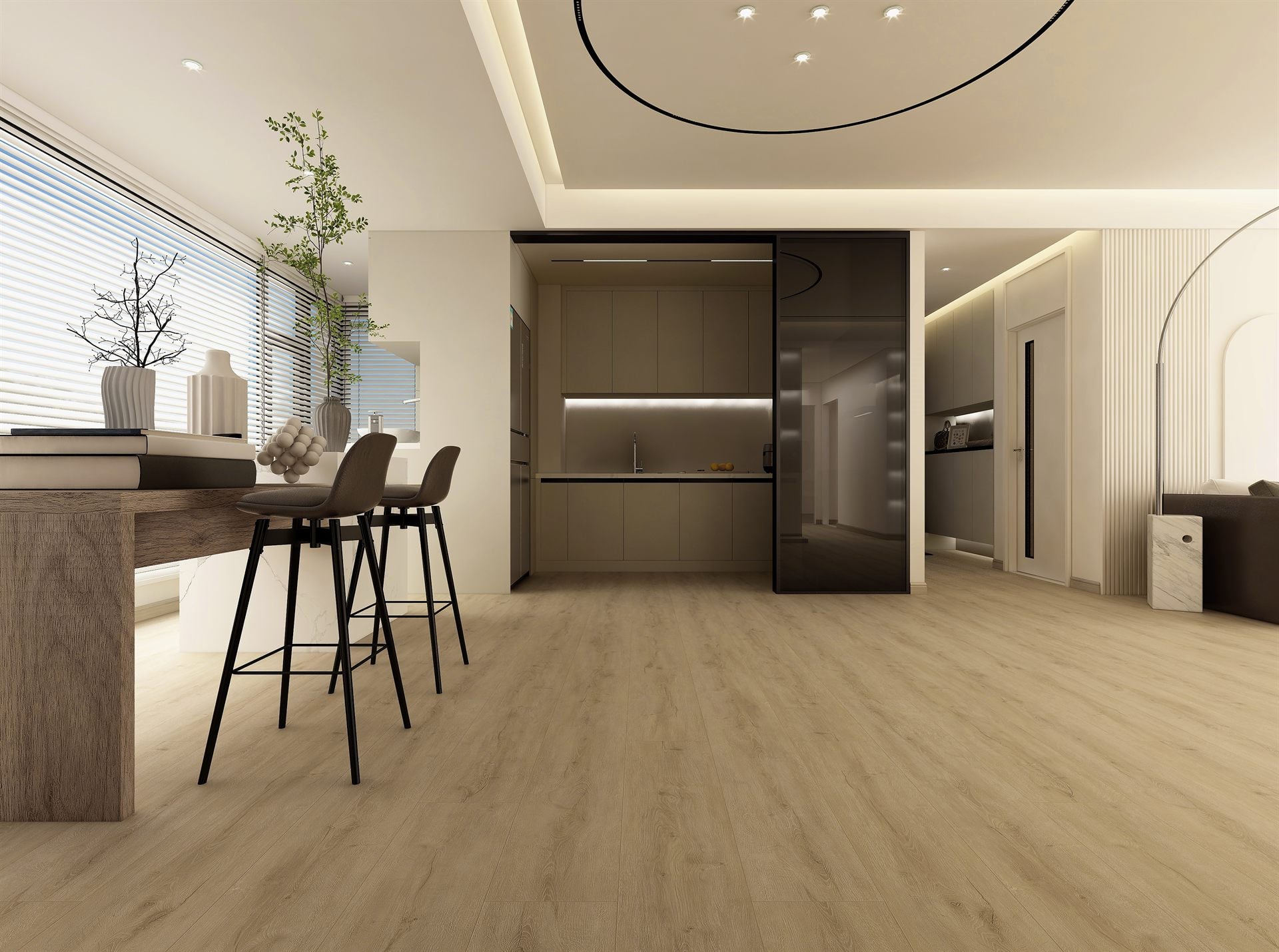Flooring in greige, dark walnut, grey, patterned stone, and warm oak across modern interiors