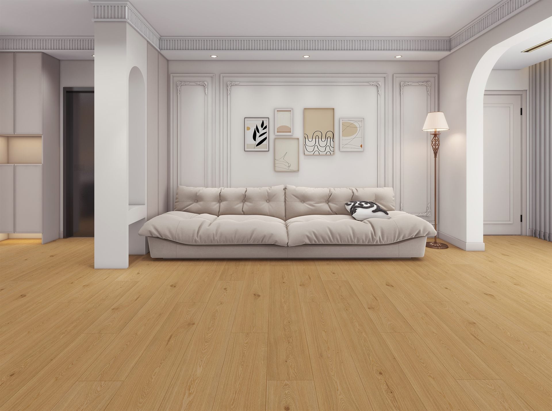 Flooring in greige, dark walnut, grey, patterned stone, and warm oak across modern interiors