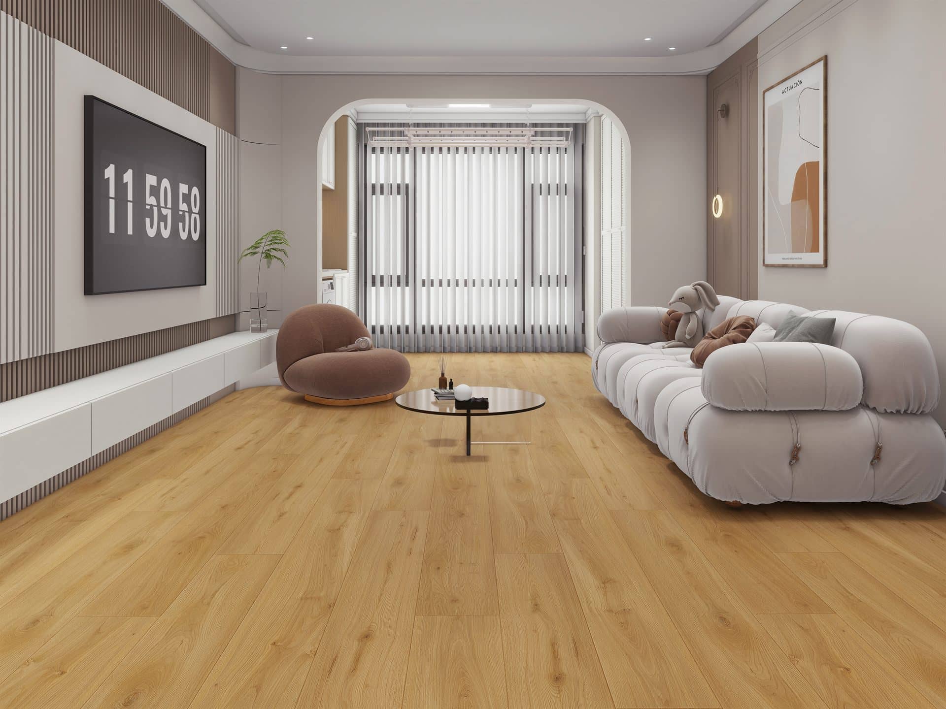 Bright, warm living room with wide-plank oak-look flooring and a soft neutral palette